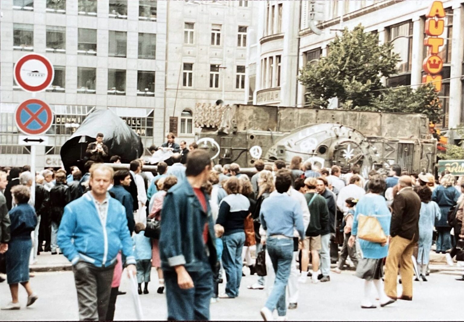 Soviet tank overturned by demonstrators, Prague, summer 1990